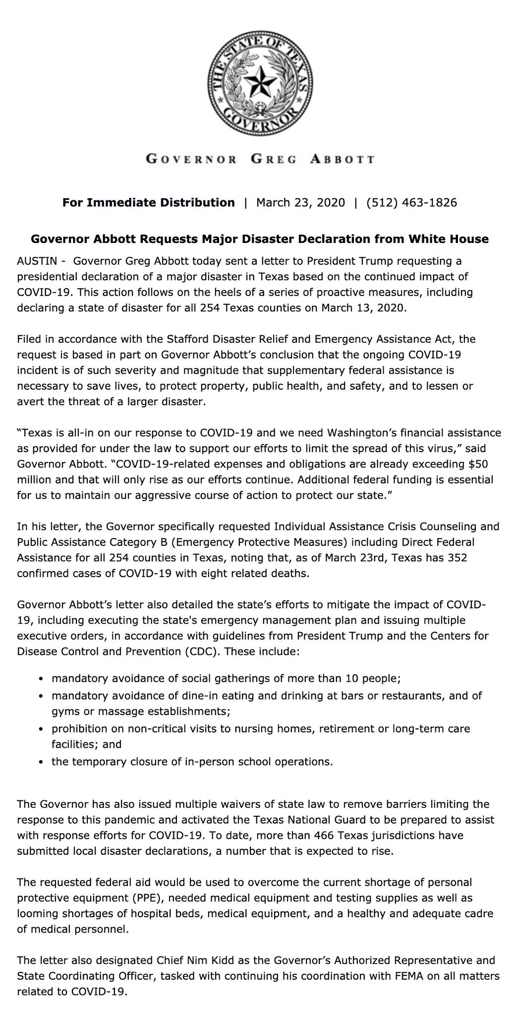 Governor Abbott Requests Major Disaster Declaration From White House Myparistexas